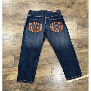 Vintage Y2k Embroidered Baggy Jeans Blue Wash 38 Evolution  Army Military Skater